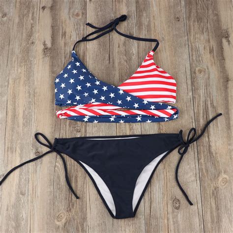 Women Bikini Set American Flag Stars Stripes Printing Padded Push Up