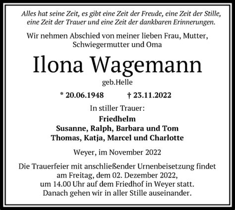 Traueranzeigen Von Ilona Wagemann Trauer Rheinmain De