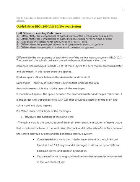 Guided Notes BIO 1100 Unit 10 CNS PNS Nervous Systems - Use the Guided
