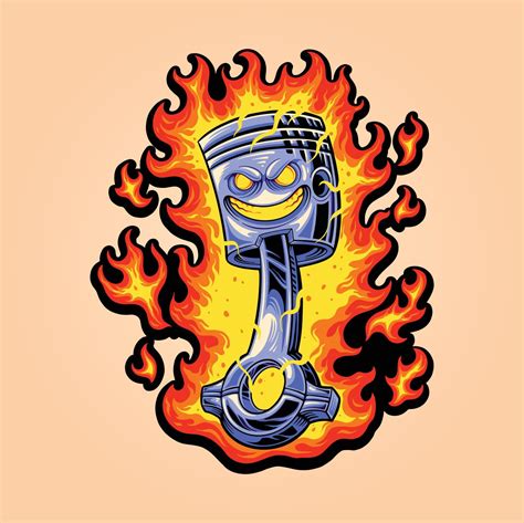 Angry Piston Racing With Flaming Fire Cartoon Illustration Vector For