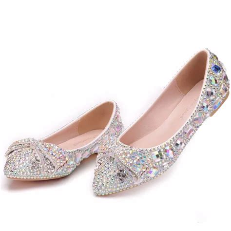 Sparkly Silver Wedding Shoes 2018 Crystal Rhinestone Pointed Toe Flat Wedding