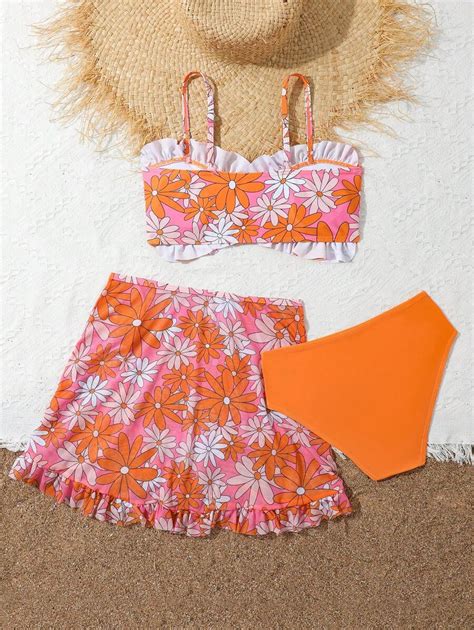 Tween Girl Floral Printed Ruffle Bikini Set With Cover Up And Skirt For Vacation Shein Usa