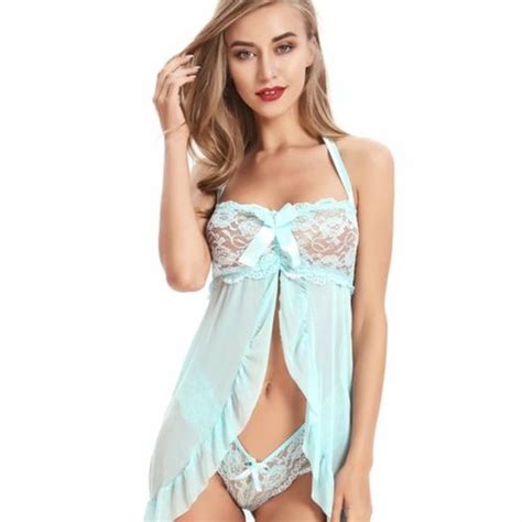 Intimates Sleepwear Baby Blue 2 Piece Womens Lace Babydolls Sets Low Cut Chemise Lingerie