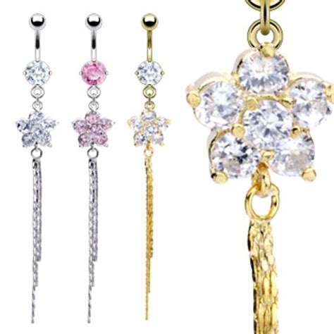 Surgical Steel Gold Plated Belly Bar With Dangle CZ Flower And Chains