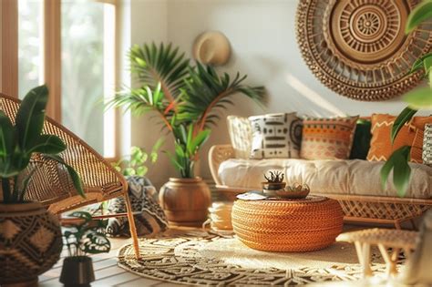 Boho chic living room with rattan furniture and la | Premium AI ...