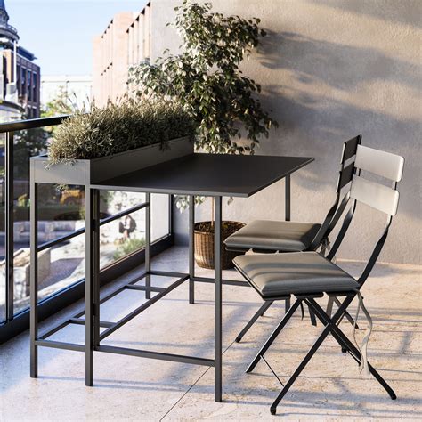 black space saving balcony bistro set  folding chairs planter box