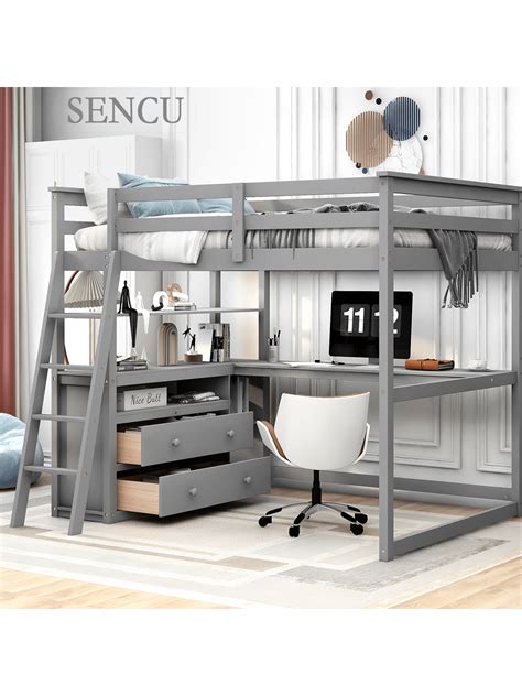 Full Size Heavy Duty Wood Loft Bed with Desk & Two Built-in Drawers