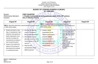 Budget Of Lessons Mapeh St Quarter Docx