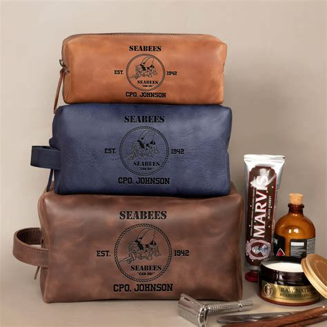 Seabee Leather Toiletry Bag For Men Custom Name Engraved Leather Dopp