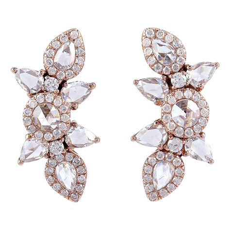 1 73 Carat Rose Cut Diamond 18 Karat Gold Flower Stud Earrings For Sale