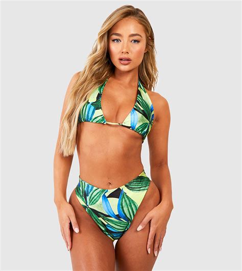 Buy Boohoo Tropical Triangle High Waisted Bikini Set In Bright Green