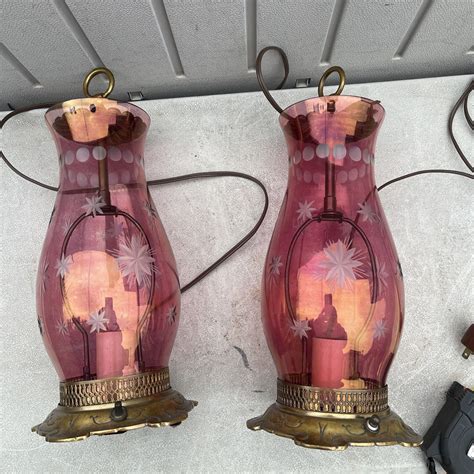 Vintage Pair Etched Cranberry Glass Boudoir Hurricane Lamps Ebay