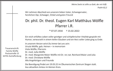 Eugen Karl Math Us W Lfle Dr Phil Dr Theol Traueranzeige