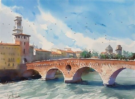 Original Watercolor Verona Painting Ponte Pietra Italy Bridge