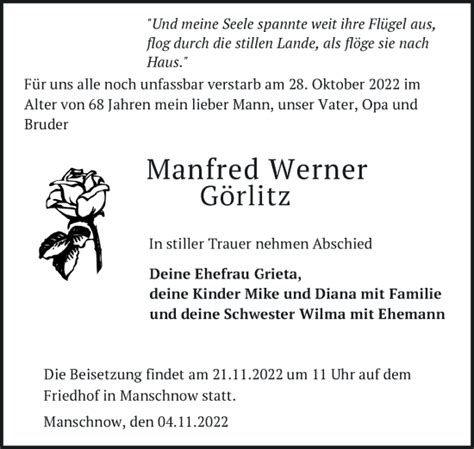 Traueranzeigen Von Manfred Werner G Rlitz M Rkische Onlinezeitung