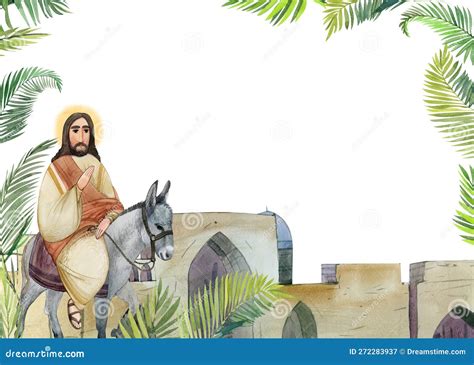 Palm Sunday Watercolour Illustration Jesus Christ On A Donkey Palm