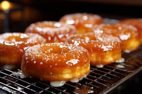 Premium Photo | Freshly fried dozen glazed donuts on a baking sheet