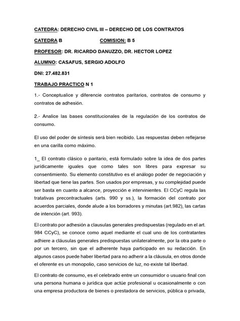 Trab Practico 1 Contratos Paritario De Adhesion Y Consumo Pdf Los