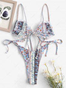 ZAFUL Ethnic Floral Ribbed Tie Side String Bikini Swimwear In LIGHT