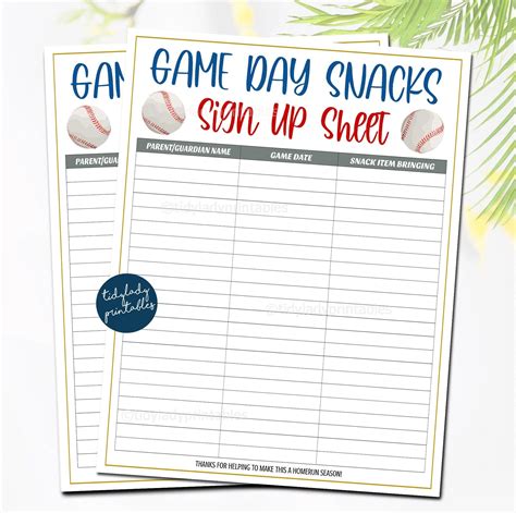 Baseball Snack Volunteer Sheet Baseball Printable Snack Sign Up Sheet