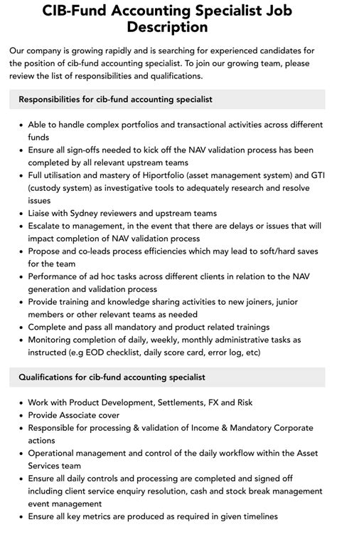 CIB Fund Accounting Specialist Job Description Velvet Jobs