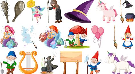 Set Of Fantasy Fairy Tale Characters And Elements Vector Art At