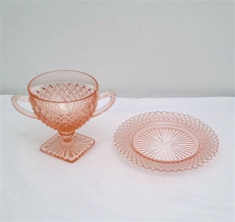 Vintage Anchor Hocking Glass Pink Miss America Sugar Bowl And Sherbet