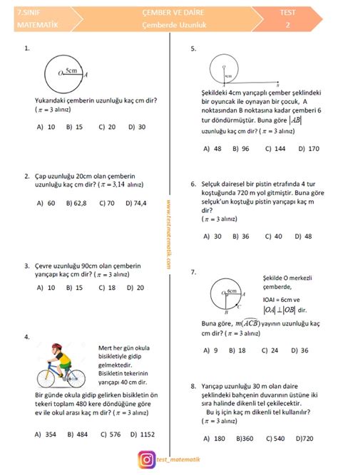 7 SINIF ÇEMBERDE UZUNLUK TESTİ Test Matematik