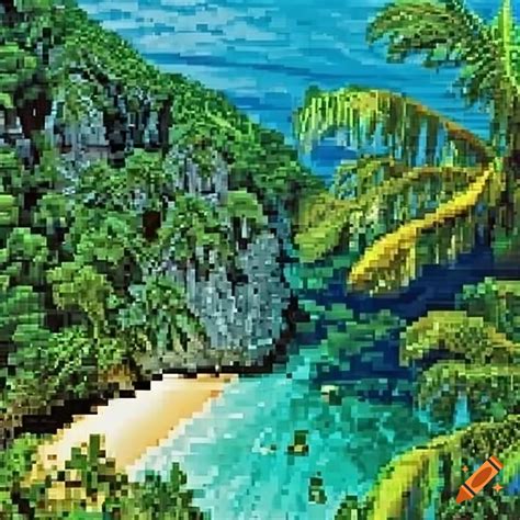 Pixel Art Tropical Paradise With Beaches Jungles And Tropical Animals