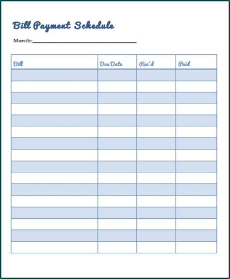 Sample Of Bill Pay Schedule Template Bogiolo