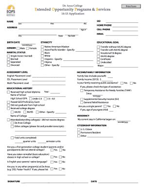 Fillable Online Deanza Eops Care Application Form De Anza College