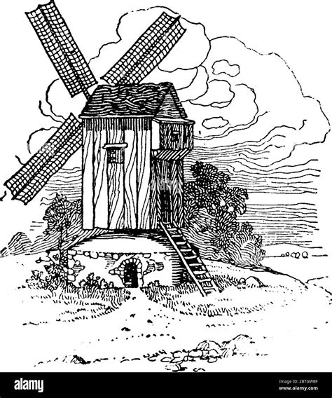 Ancient Windmill from the time of Medieval, vintage line drawing or ...