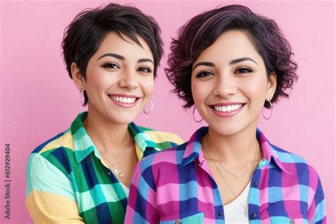 Portrait Of Beautiful Couple Of Happy Cute Smiling Brunette Short Haired Women In Casual Blue