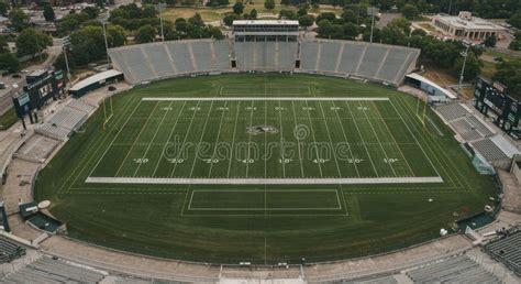 aerial view   empty football stadium  highangle drone shot
