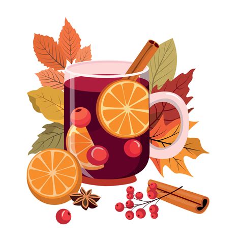 Autumn Hot Mulled Wine In A Glass Mug With Orange Slice Cinnamon Stick And Berries Leaves