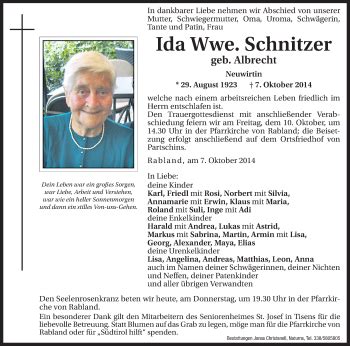 Traueranzeigen Von Ida Schnitzer Trauer Bz