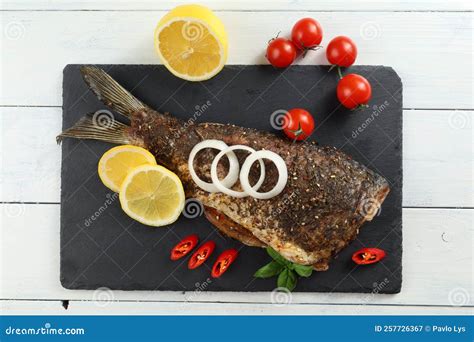 Fried Carp Fish On The Table Baked Fish With Vegetables Stock Image