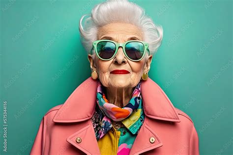 Happy And Funny Cool Old Lady With Fashionable Clothes Portrait On