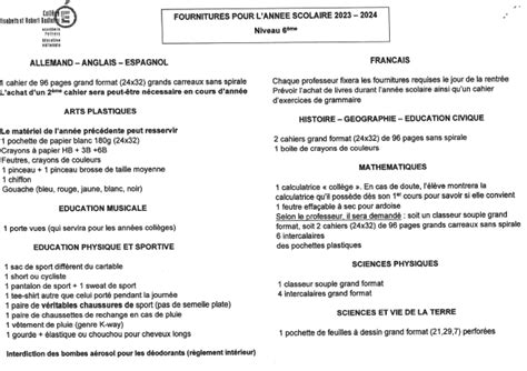 Documents pour la rentrée Fournitures Site du collège de La Couronne