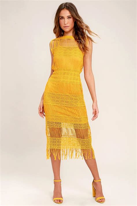 Moon River Cultivator Mustard Yellow Lace Midi Dress Yellow Lace