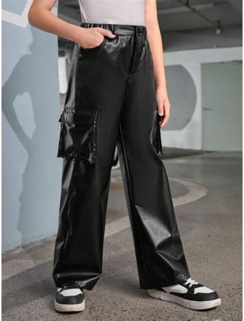 Buy SHEIN Tween Girl Flap Pocket PU Leather Pants Online Topofstyle