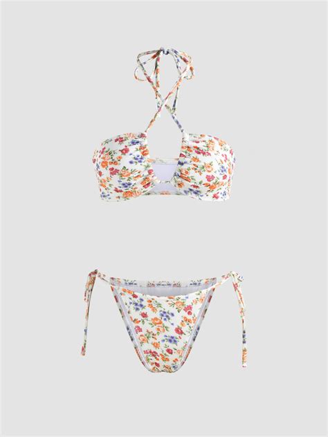 Halter Criss Cross Cut Out Floral Rib Bikini Set For Vacation Swimming