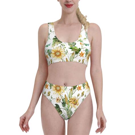 Fotbe Women S Watercolor Bright Sunflowers Print Bikini High Waisted