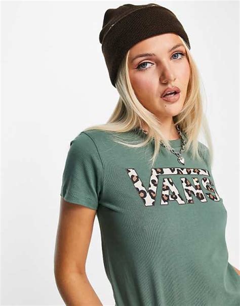 Vans Leopard Print Logo T Shirt In Green Asos