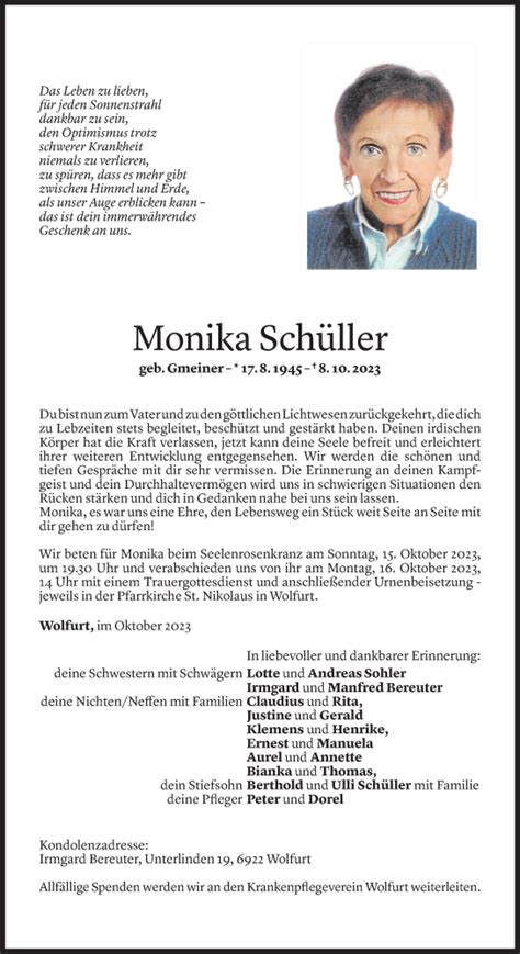 Todesanzeigen Von Monika Sch Ller Todesanzeigen Vorarlberger Nachrichten