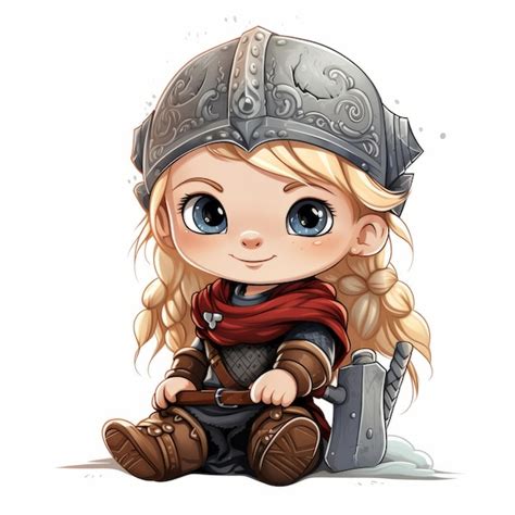 La linda niña vikinga deliciosamente imaginativa dibujos animados en un