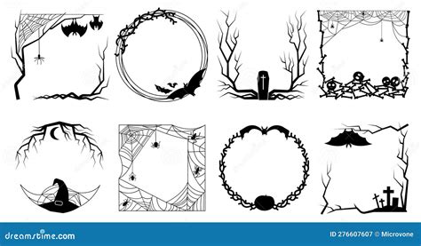 Halloween Scary Frames From Bones Spiderweb Pumpkins And Tree Bats