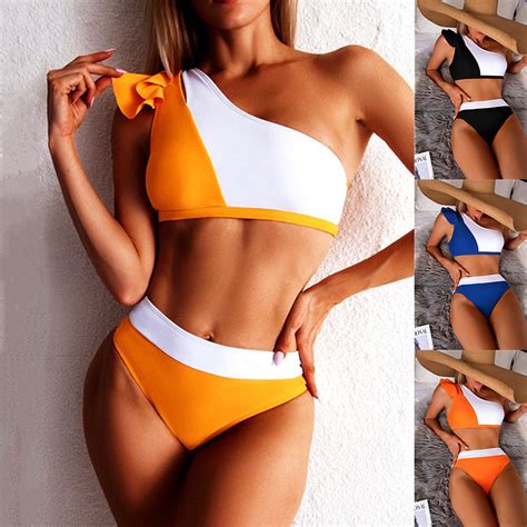 2022 New Summer Women Patchwork Ruffle One Shoulder Bikini Set Split High Waist Swimsuit China