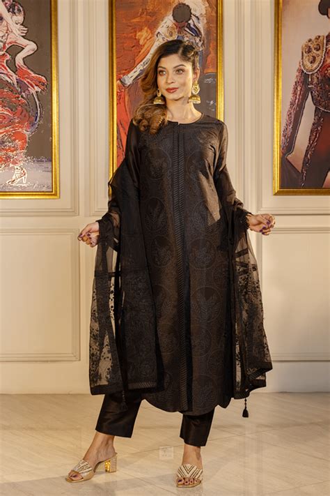 Black Dupion Silk Printed Hand Embroidered Salwar Kameez Set Kay Kraft