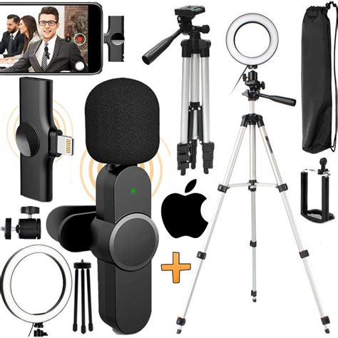 Kit Youtuber Tripé Pedestal Microfone Sem Fio Wireless Para iPhone iPad